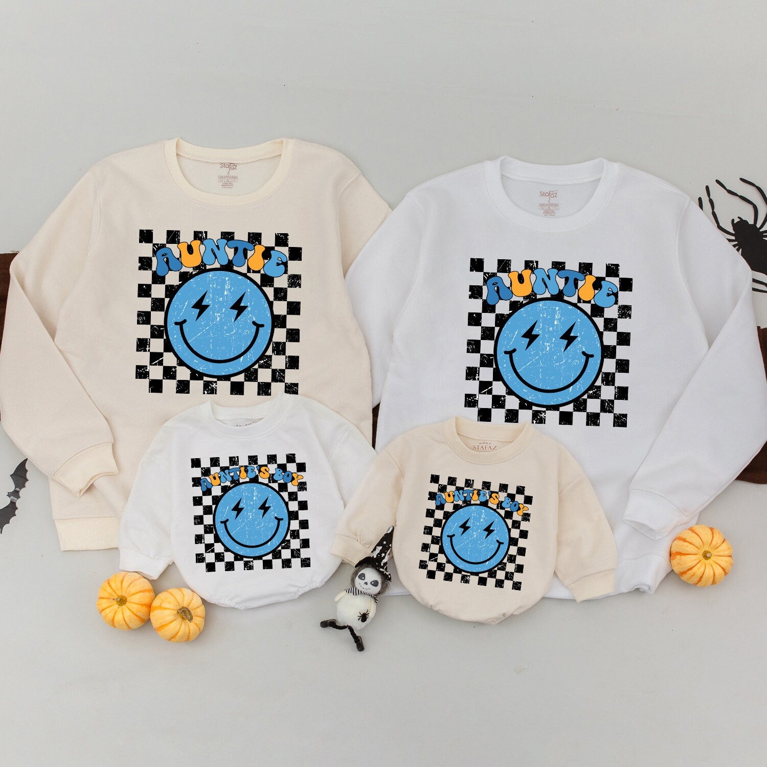 Personalized Retro Auntie and Nephew Sweatshirts Blue Smiley Face Checkerboard Design Soft Cotton Baby Shower Gift Custom Family Outfits