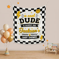 Personalized Retro Baby Shower Banner with Checkered Border and Lightning Bolt Design Custom Name Race Party Welcome Sign Decoration