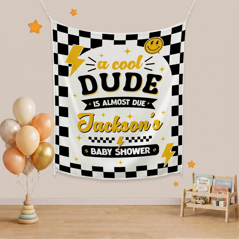 Personalized Retro Baby Shower Banner with Checkered Border and Lightning Bolt Design Custom Name Race Party Welcome Sign Decoration