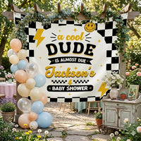 Personalized Retro Baby Shower Banner with Checkered Border and Lightning Bolt Design Custom Name Race Party Welcome Sign Decoration