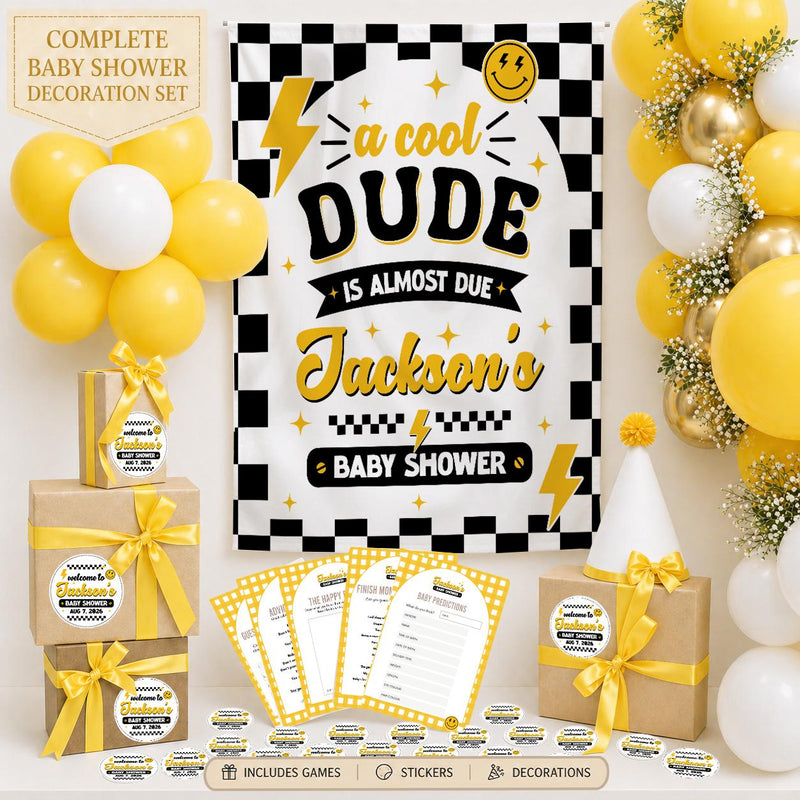 Personalized Retro Baby Shower Banner with Checkered Border and Lightning Bolt Design Custom Name Race Party Welcome Sign Decoration