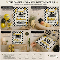 Personalized Retro Baby Shower Banner with Checkered Border and Lightning Bolt Design Custom Name Race Party Welcome Sign Decoration