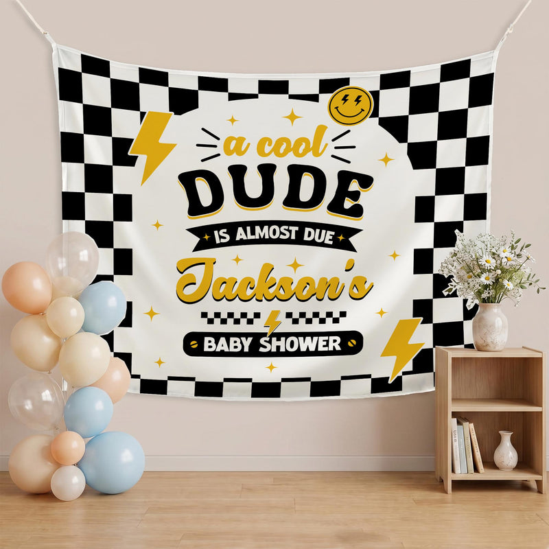 Personalized Retro Baby Shower Banner with Checkered Border and Lightning Bolt Design Custom Name Race Party Welcome Sign Decoration