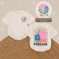 Personalized Retro Christian Baby Girl Romper with Floral Rainbow Design, Soft Baptism Outfit for Daughter, Psalm 136:1 Scripture Gift