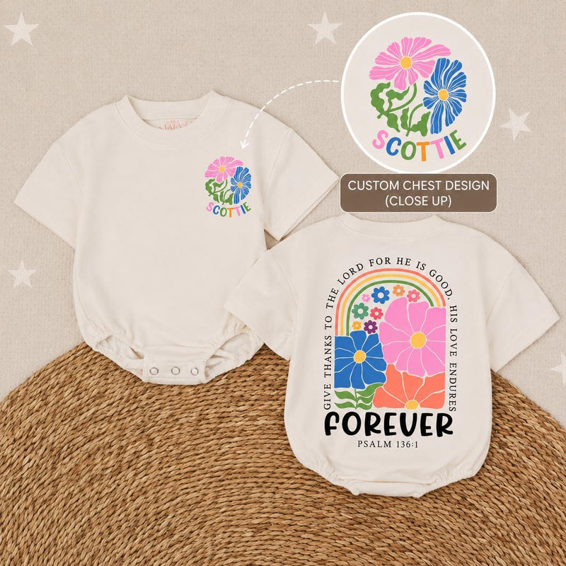 Personalized Retro Christian Baby Girl Romper with Floral Rainbow Design, Soft Baptism Outfit for Daughter, Psalm 136:1 Scripture Gift