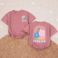 Personalized Retro Christian Baby Girl Romper with Floral Rainbow Design, Soft Baptism Outfit for Daughter, Psalm 136:1 Scripture Gift