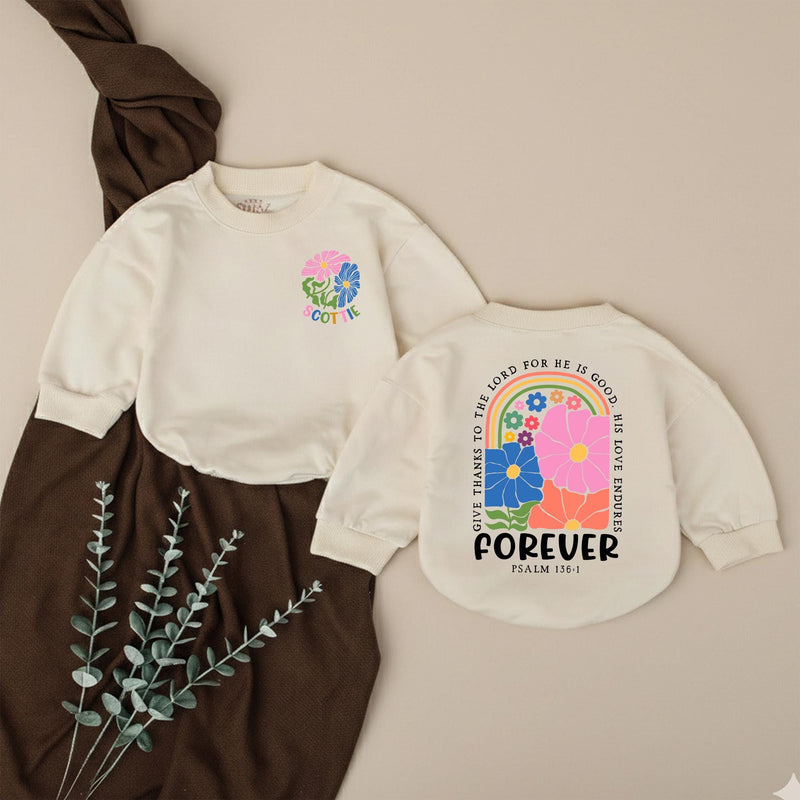 Personalized Retro Christian Baby Girl Romper with Floral Rainbow Design, Soft Baptism Outfit for Daughter, Psalm 136:1 Scripture Gift