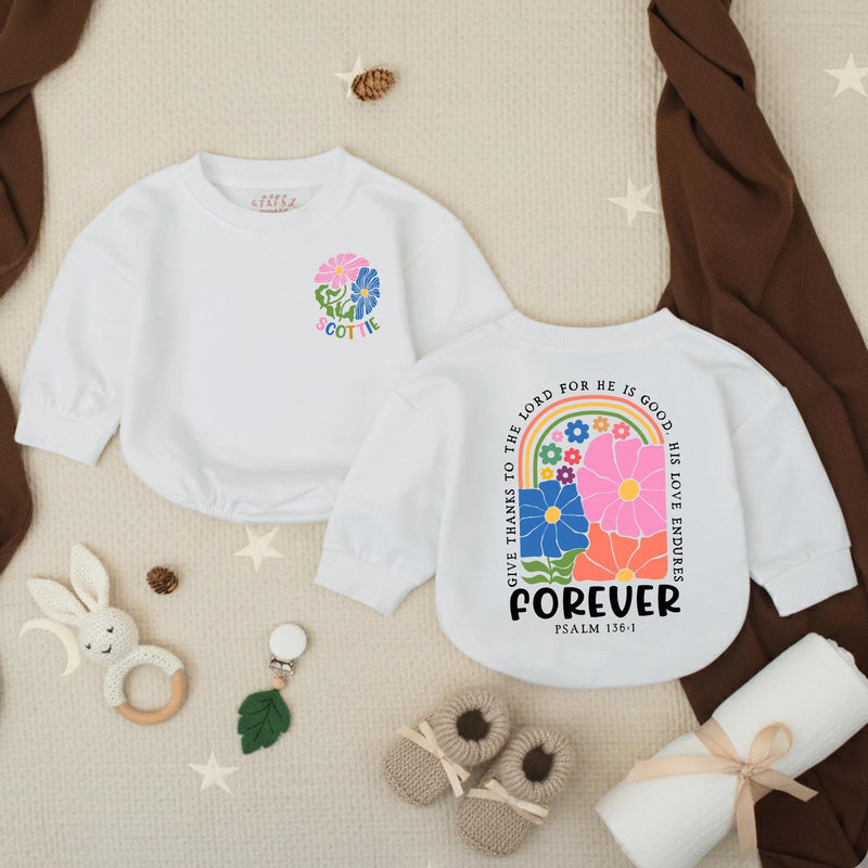 Personalized Retro Christian Baby Girl Romper with Floral Rainbow Design, Soft Baptism Outfit for Daughter, Psalm 136:1 Scripture Gift