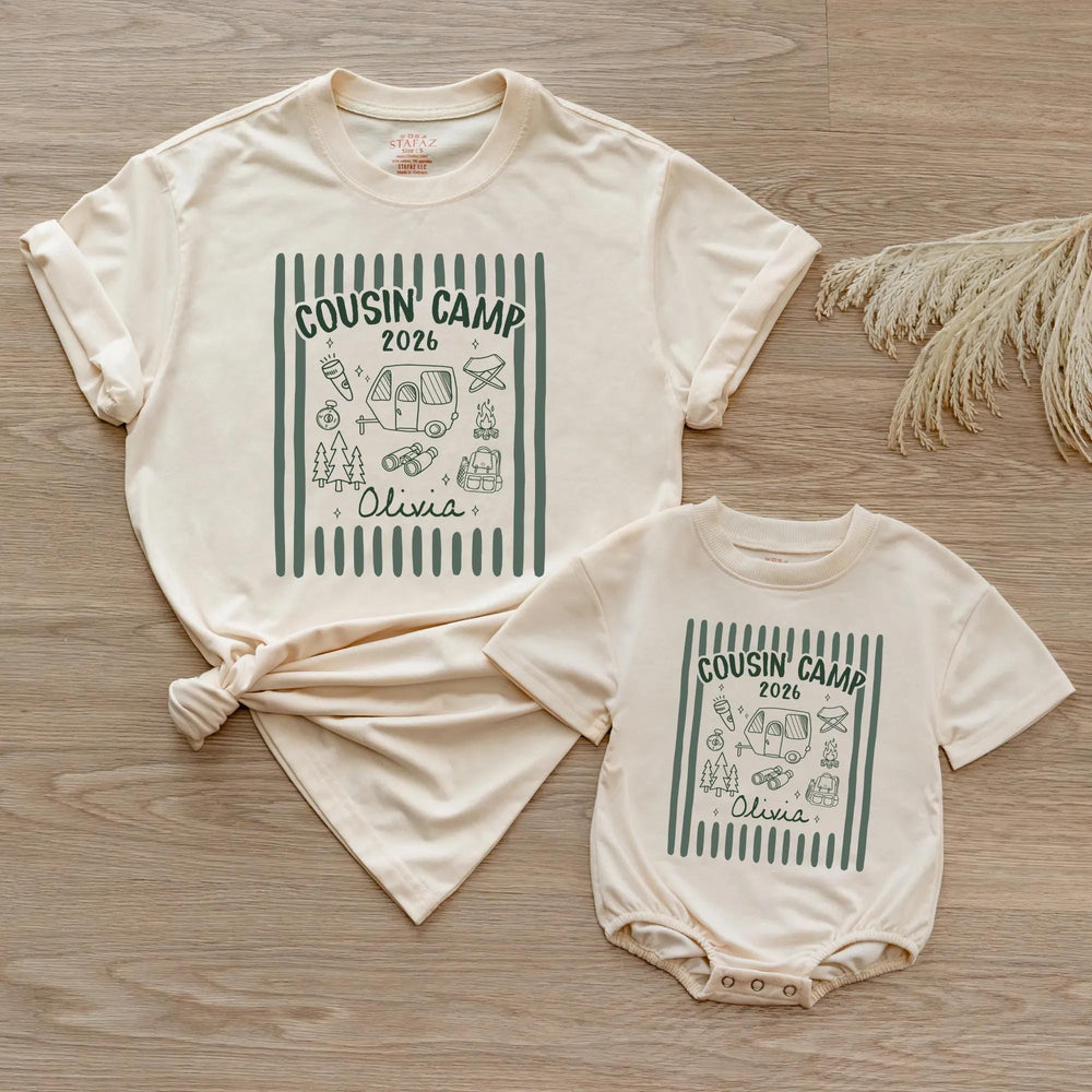 Personalized Retro Cousin Camp 2026 Shirts with Dark Green Stripes Custom Name Family Tee and Romper for Baby, Toddler, Kids, Adults