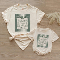 Personalized Retro Cousin Camp 2026 Shirts with Dark Green Stripes Custom Name Family Tee and Romper for Baby, Toddler, Kids, Adults