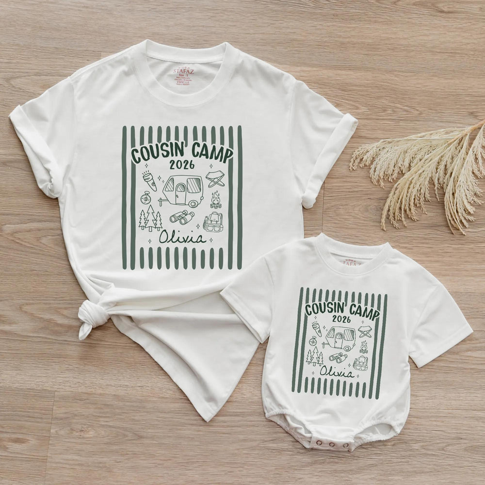 Personalized Retro Cousin Camp 2026 Shirts with Dark Green Stripes Custom Name Family Tee and Romper for Baby, Toddler, Kids, Adults