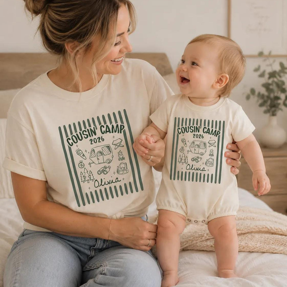 Personalized Retro Cousin Camp 2026 Shirts with Dark Green Stripes Custom Name Family Tee and Romper for Baby, Toddler, Kids, Adults