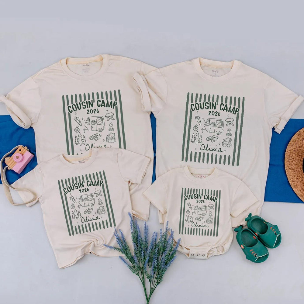 Personalized Retro Cousin Camp 2026 Shirts with Dark Green Stripes Custom Name Family Tee and Romper for Baby, Toddler, Kids, Adults