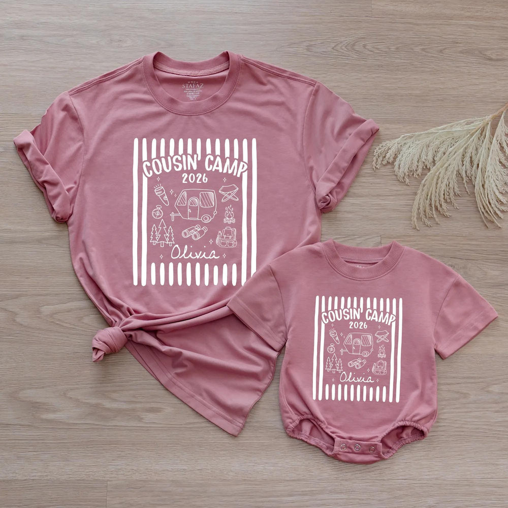 Personalized Retro Cousin Camp 2026 Shirts with Dark Green Stripes Custom Name Family Tee and Romper for Baby, Toddler, Kids, Adults
