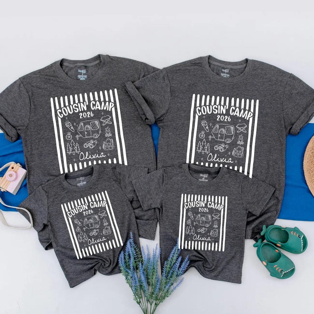 Personalized Retro Cousin Camp 2026 Shirts with Dark Green Stripes Custom Name Family Tee and Romper for Baby, Toddler, Kids, Adults
