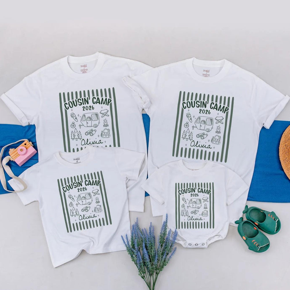 Personalized Retro Cousin Camp 2026 Shirts with Dark Green Stripes Custom Name Family Tee and Romper for Baby, Toddler, Kids, Adults