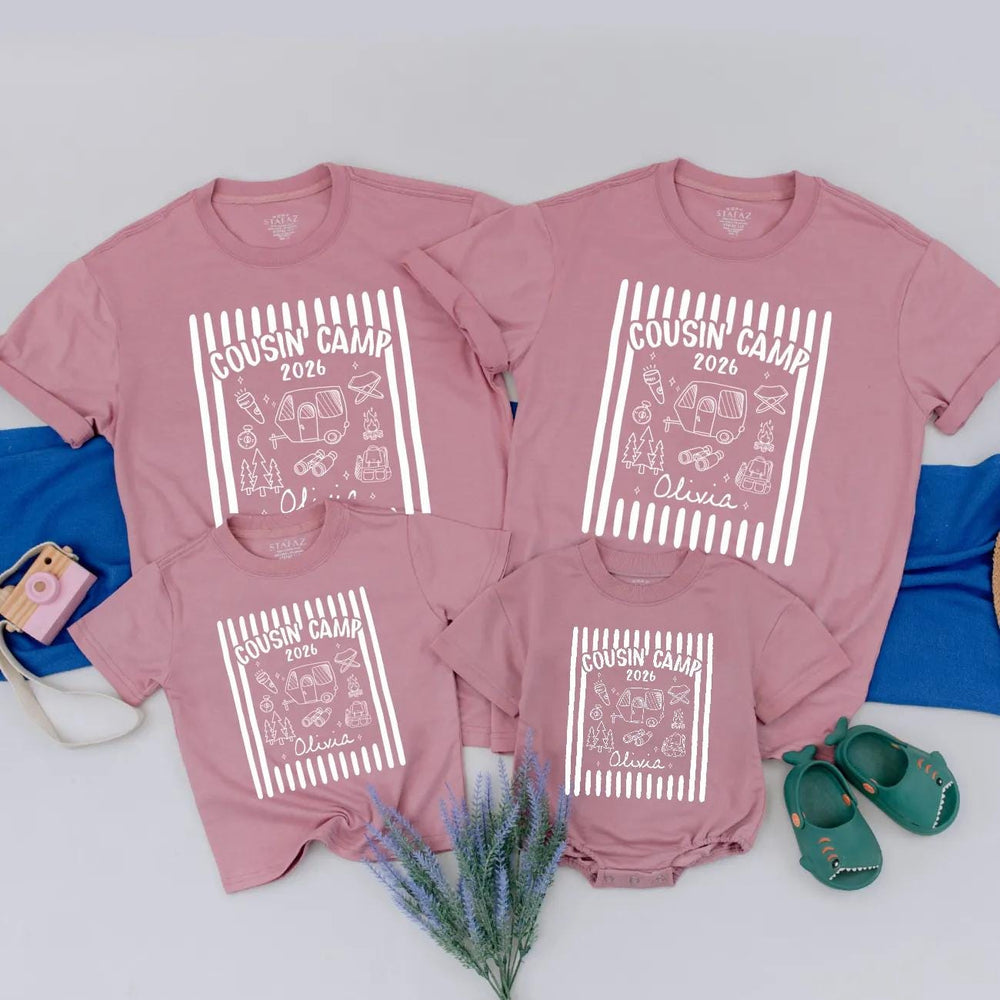 Personalized Retro Cousin Camp 2026 Shirts with Dark Green Stripes Custom Name Family Tee and Romper for Baby, Toddler, Kids, Adults
