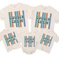 Personalized Retro Cousin Crew Shirt with 70s Teal and Orange Stripes, Custom Name Family Outfit, Fun Reunion or Birthday Gift for Kids