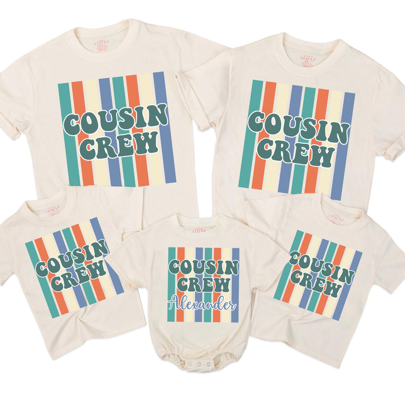Personalized Retro Cousin Crew Shirt with 70s Teal and Orange Stripes, Custom Name Family Outfit, Fun Reunion or Birthday Gift for Kids