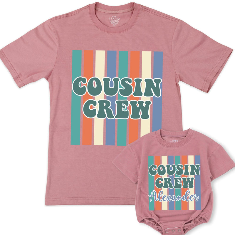 Personalized Retro Cousin Crew Shirt with 70s Teal and Orange Stripes, Custom Name Family Outfit, Fun Reunion or Birthday Gift for Kids
