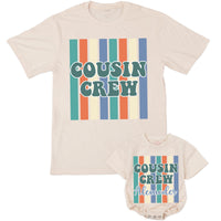 Personalized Retro Cousin Crew Shirt with 70s Teal and Orange Stripes, Custom Name Family Outfit, Fun Reunion or Birthday Gift for Kids