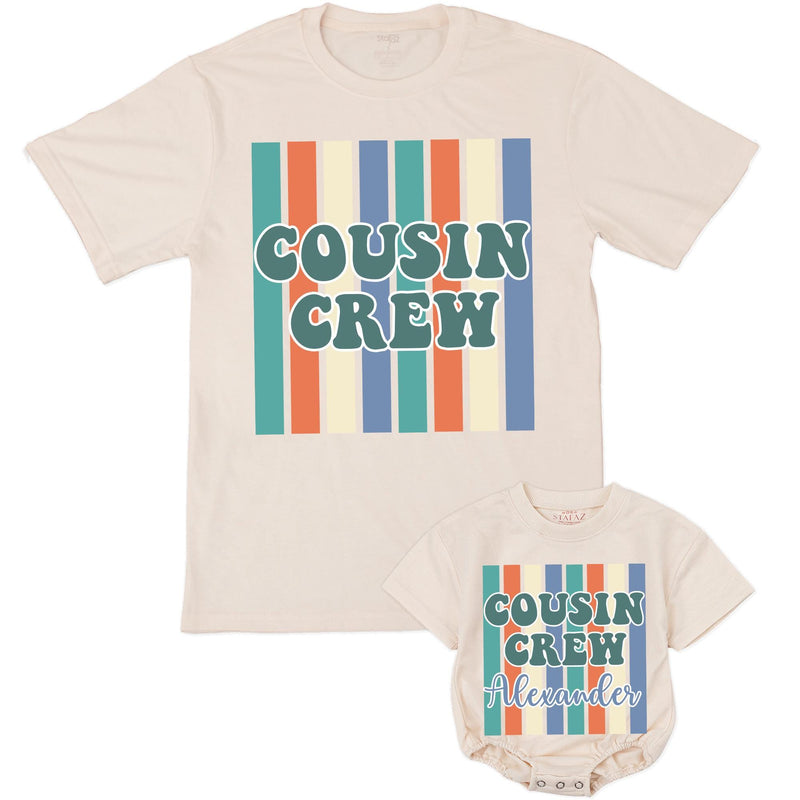 Personalized Retro Cousin Crew Shirt with 70s Teal and Orange Stripes, Custom Name Family Outfit, Fun Reunion or Birthday Gift for Kids