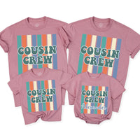 Personalized Retro Cousin Crew Shirt with 70s Teal and Orange Stripes, Custom Name Family Outfit, Fun Reunion or Birthday Gift for Kids