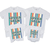Personalized Retro Cousin Crew Shirt with 70s Teal and Orange Stripes, Custom Name Family Outfit, Fun Reunion or Birthday Gift for Kids