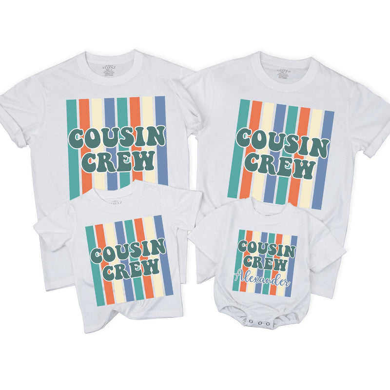 Personalized Retro Cousin Crew Shirt with 70s Teal and Orange Stripes, Custom Name Family Outfit, Fun Reunion or Birthday Gift for Kids