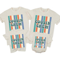 Personalized Retro Cousin Crew Shirt with 70s Teal and Orange Stripes, Custom Name Family Outfit, Fun Reunion or Birthday Gift for Kids