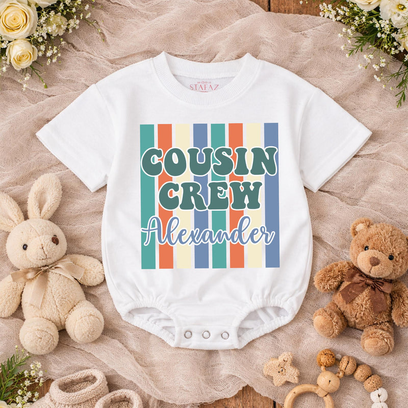 Personalized Retro Cousin Crew Shirt with 70s Teal and Orange Stripes, Custom Name Family Outfit, Fun Reunion or Birthday Gift for Kids