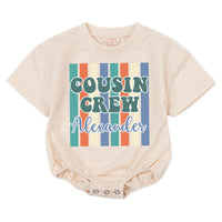 Personalized Retro Cousin Crew Shirt with 70s Teal and Orange Stripes, Custom Name Family Outfit, Fun Reunion or Birthday Gift for Kids
