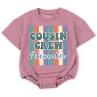 Personalized Retro Cousin Crew Shirt with 70s Teal and Orange Stripes, Custom Name Family Outfit, Fun Reunion or Birthday Gift for Kids
