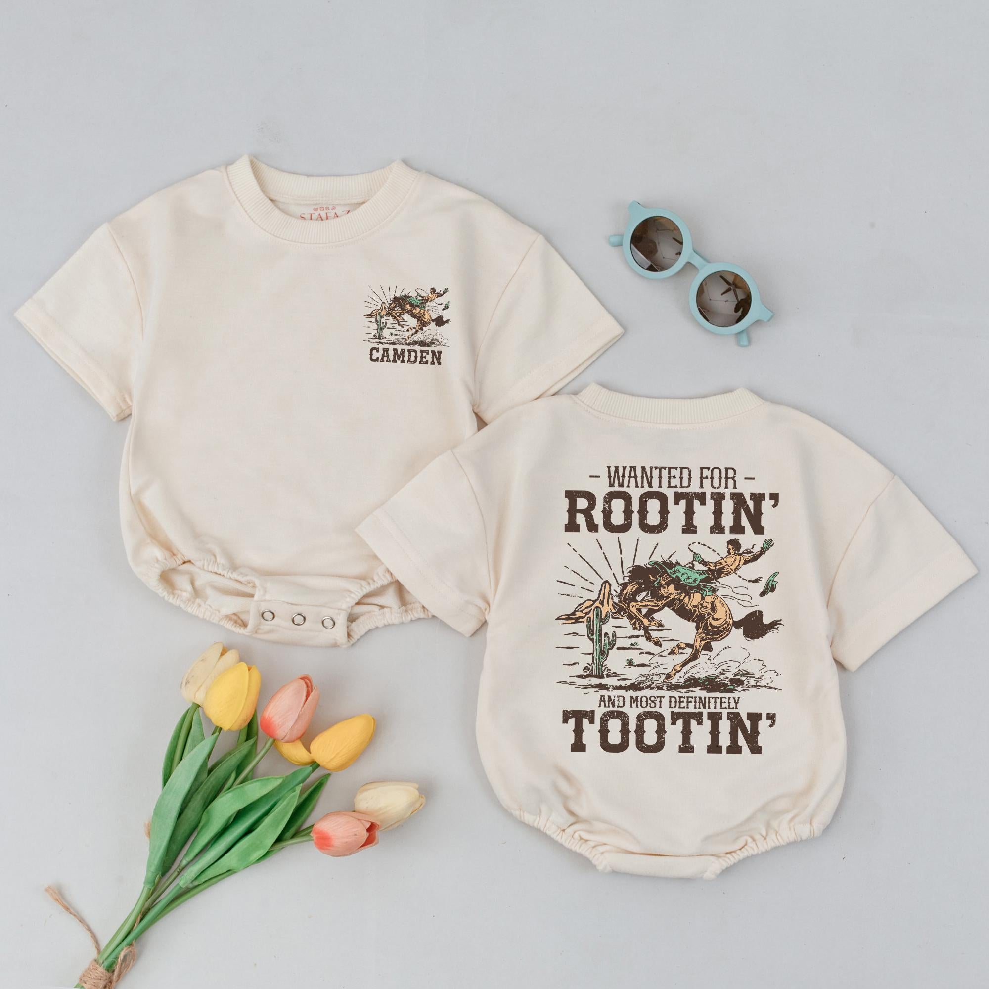 Personalized Retro Cowboy Baby Romper with Custom Name, Rootin' Tootin' Western Outfit for Boys Girls Birthday, Soft Cotton Design