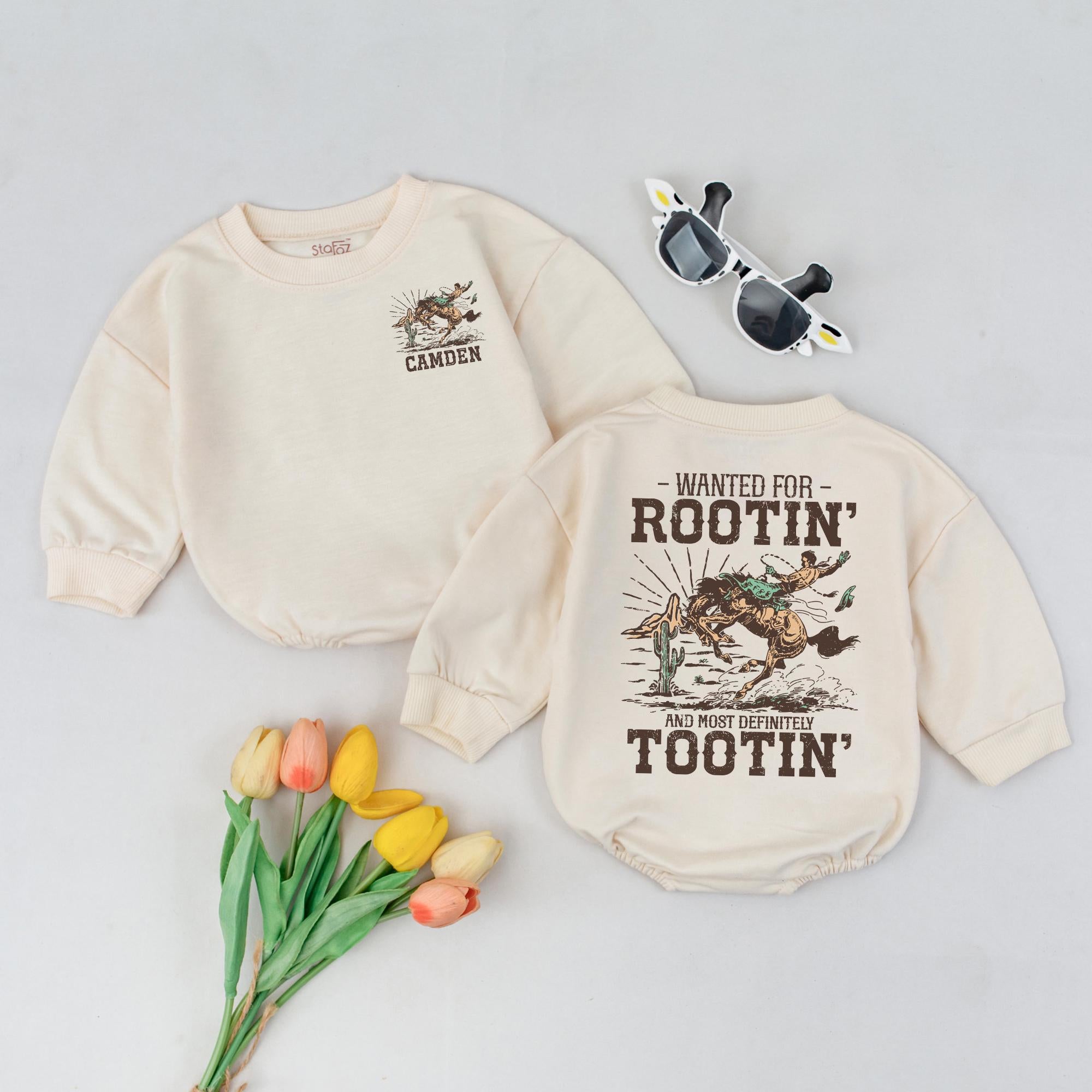 Personalized Retro Cowboy Baby Romper with Custom Name, Rootin' Tootin' Western Outfit for Boys Girls Birthday, Soft Cotton Design