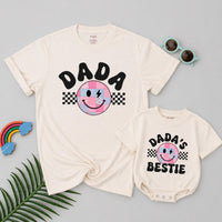 Personalized Retro Dada and Dada's Bestie Matching T-Shirts with Groovy Smiley Face Patchwork Design, Fun Family Cotton Tees Fathers Day Gift