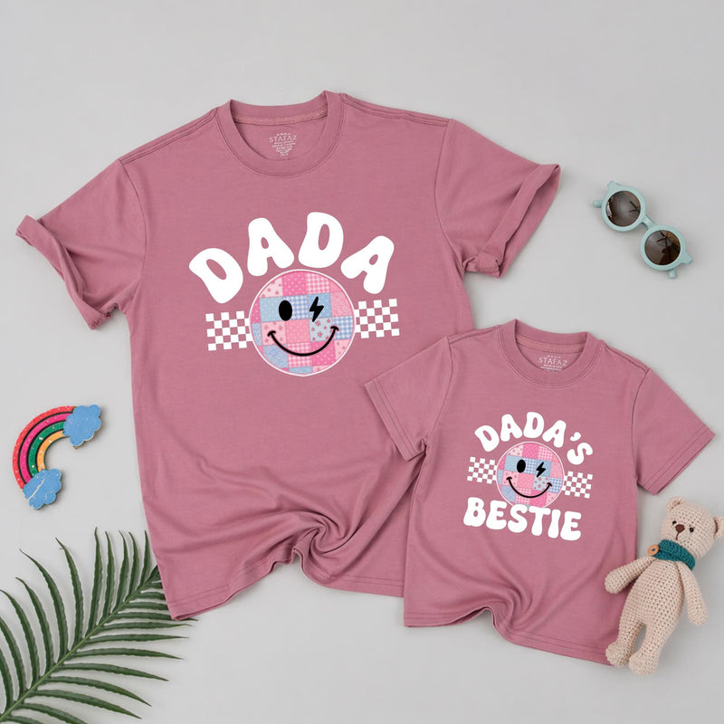 Personalized Retro Dada and Dada's Bestie Matching T-Shirts with Groovy Smiley Face Patchwork Design, Fun Family Cotton Tees Fathers Day Gift