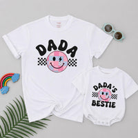Personalized Retro Dada and Dada's Bestie Matching T-Shirts with Groovy Smiley Face Patchwork Design, Fun Family Cotton Tees Fathers Day Gift