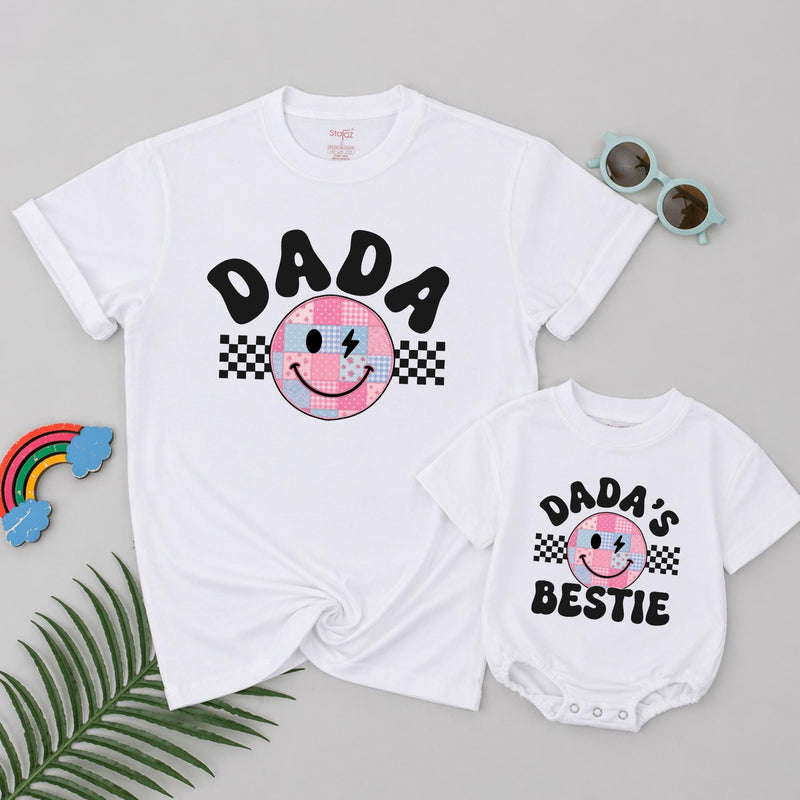 Personalized Retro Dada and Dada's Bestie Matching T-Shirts with Groovy Smiley Face Patchwork Design, Fun Family Cotton Tees Fathers Day Gift