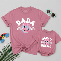 Personalized Retro Dada and Dada's Bestie Matching T-Shirts with Groovy Smiley Face Patchwork Design, Fun Family Cotton Tees Fathers Day Gift