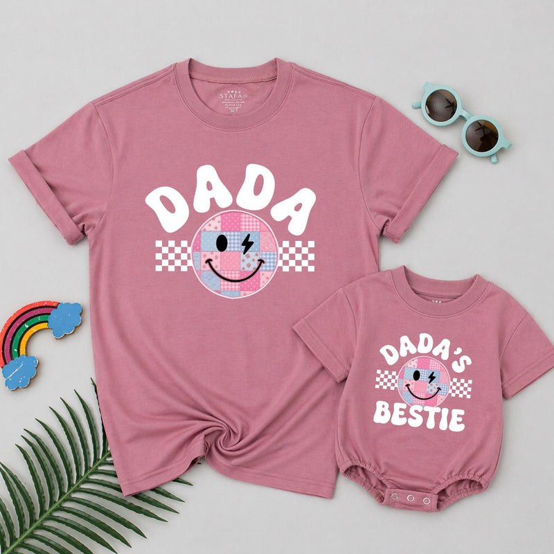 Personalized Retro Dada and Dada's Bestie Matching T-Shirts with Groovy Smiley Face Patchwork Design, Fun Family Cotton Tees Fathers Day Gift