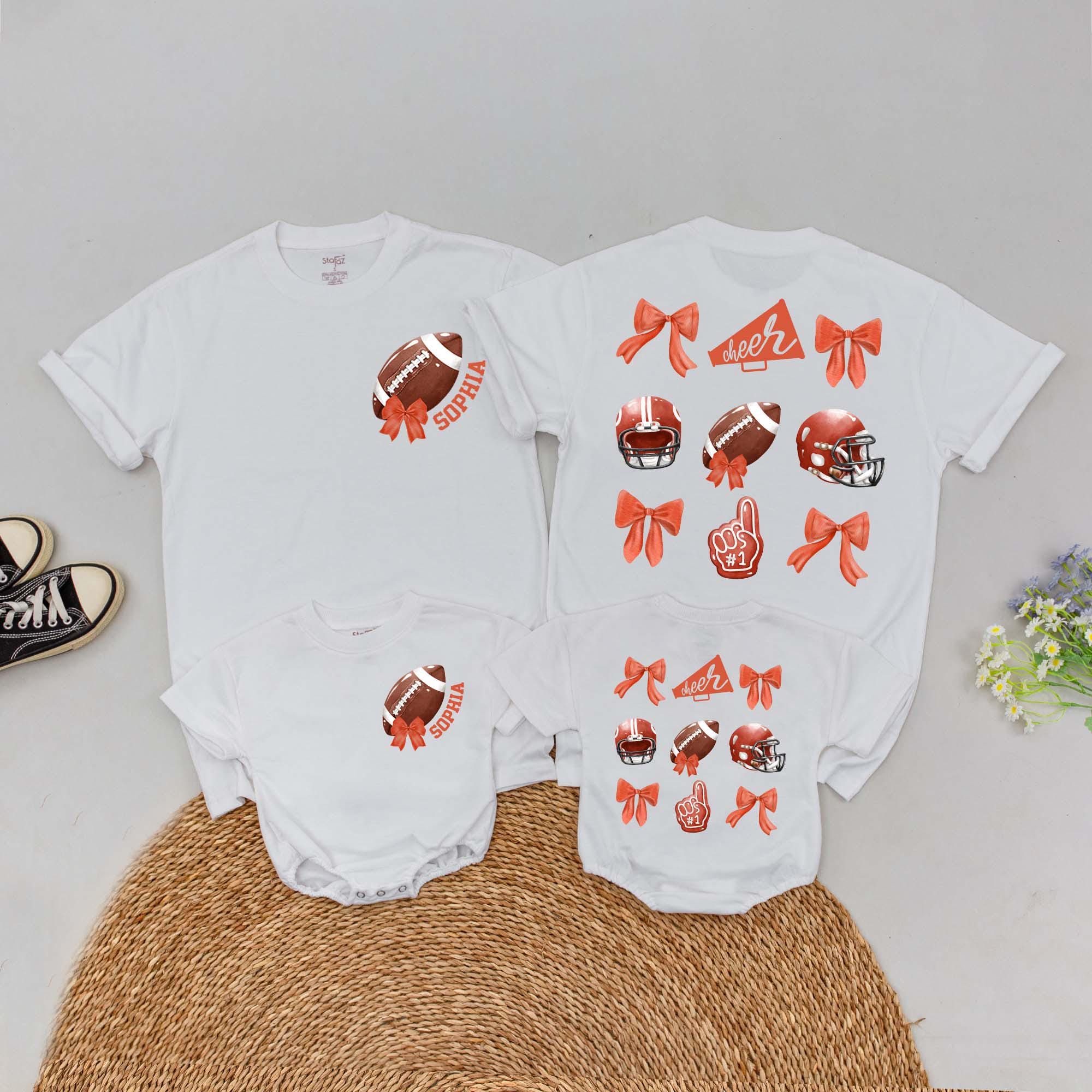 Personalized Retro Football Family Shirts Custom Name Game Day Tee Baby Girl Outfit Vibrant Orange Helmets Bows Nostalgic Cheer Design