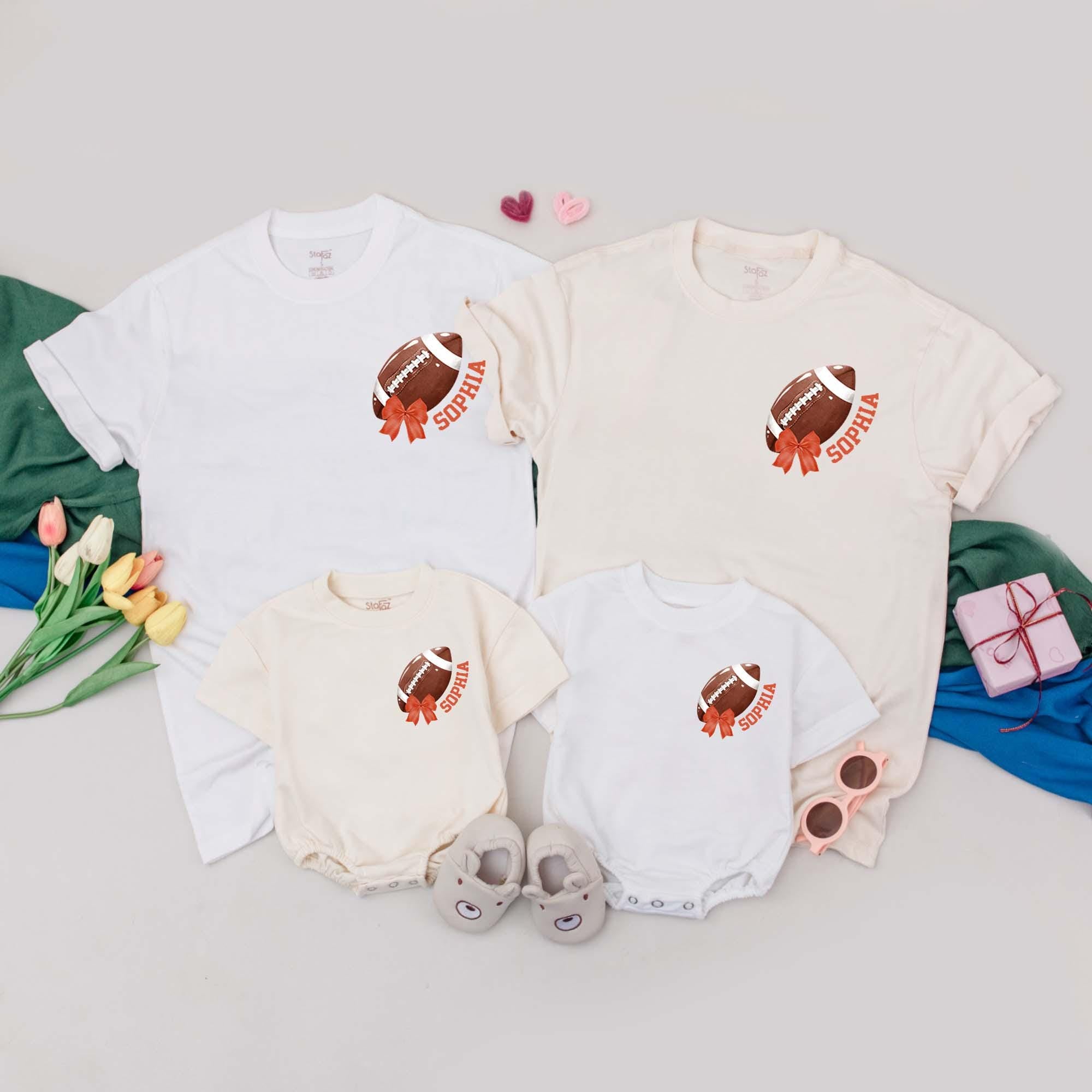 Personalized Retro Football Family Shirts Custom Name Game Day Tee Baby Girl Outfit Vibrant Orange Helmets Bows Nostalgic Cheer Design