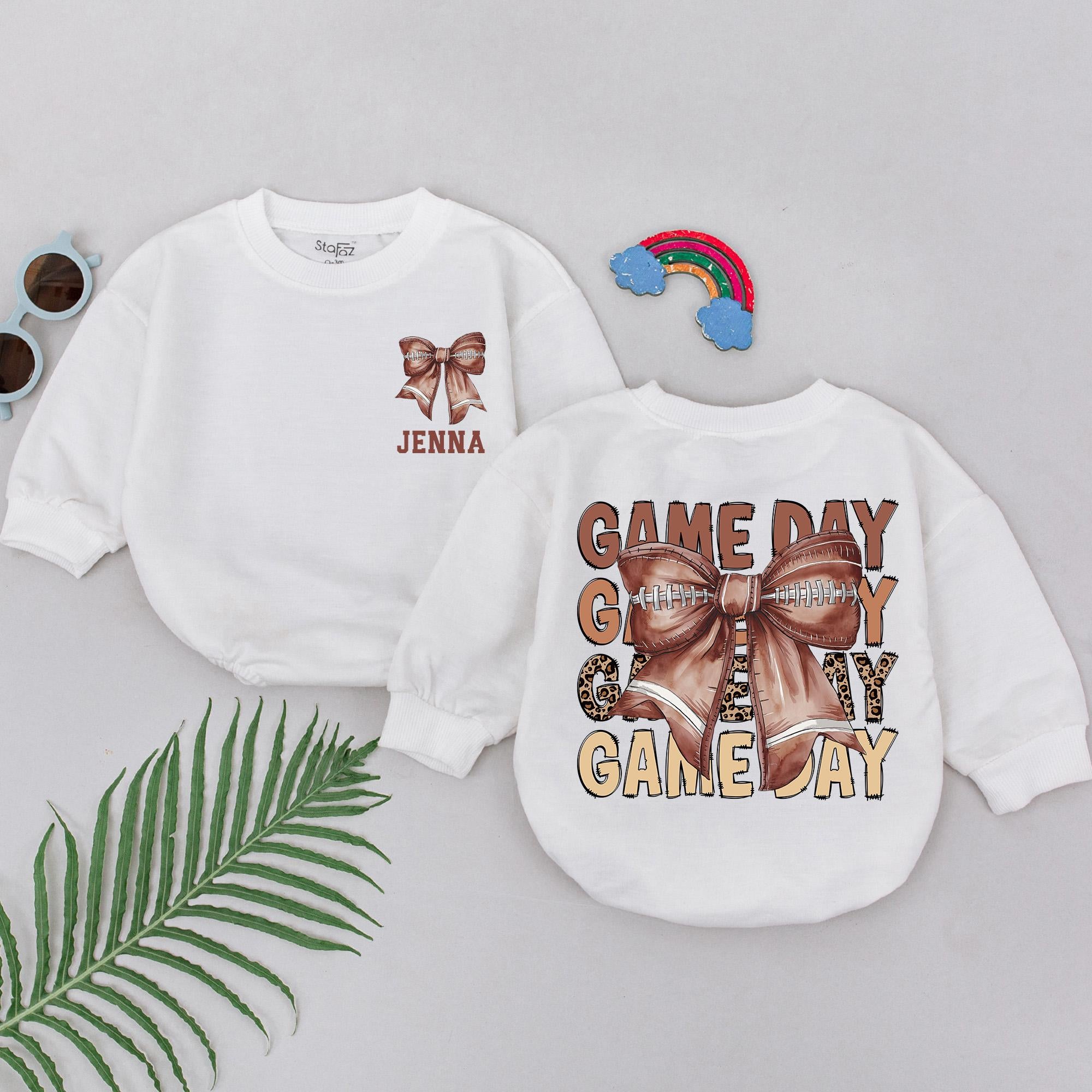 Personalized Retro Game Day Football Romper with Bow for Baby Girls Brown Beige Soft Cotton Outfit Birthday Casual Playtime