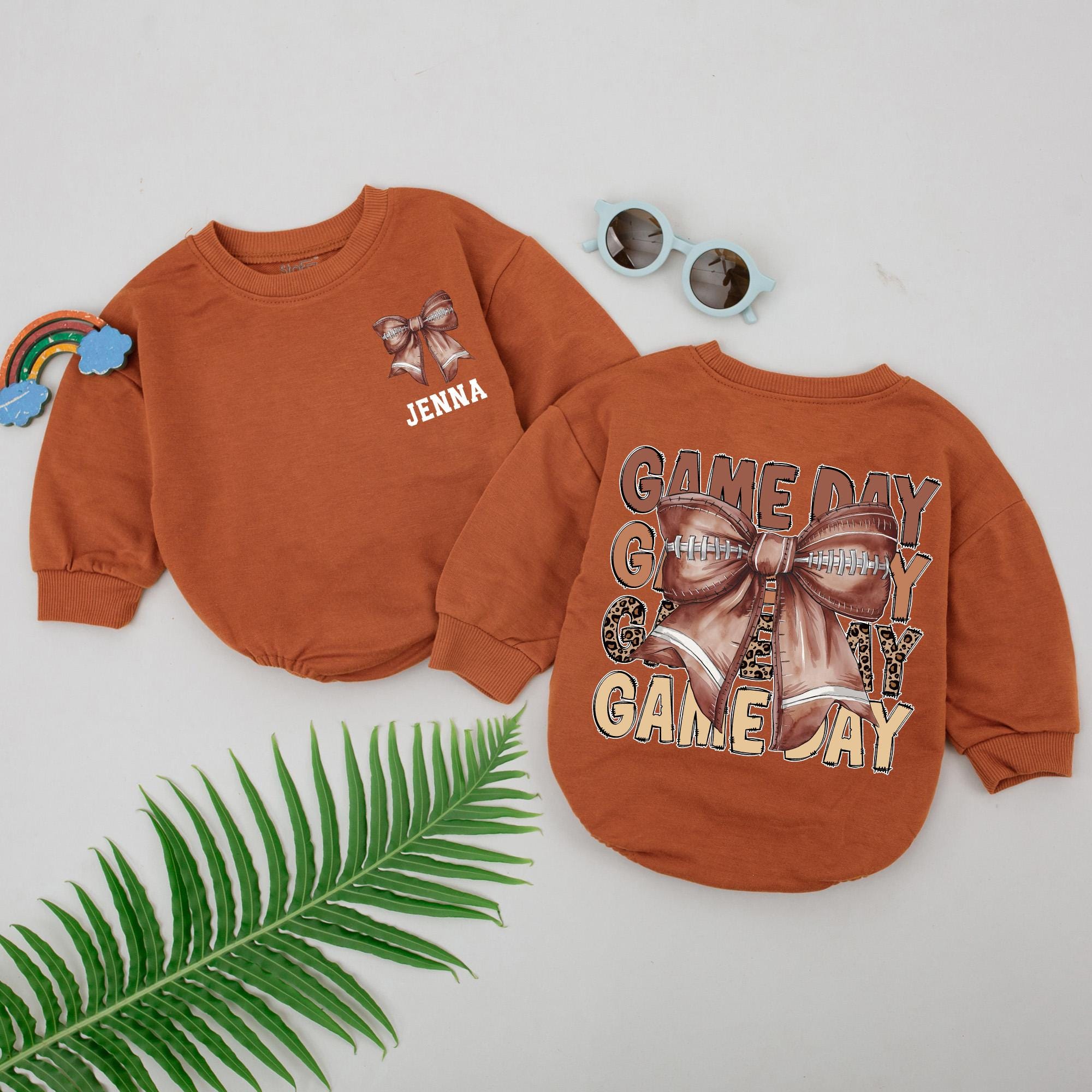 Personalized Retro Game Day Football Romper with Bow for Baby Girls Brown Beige Soft Cotton Outfit Birthday Casual Playtime
