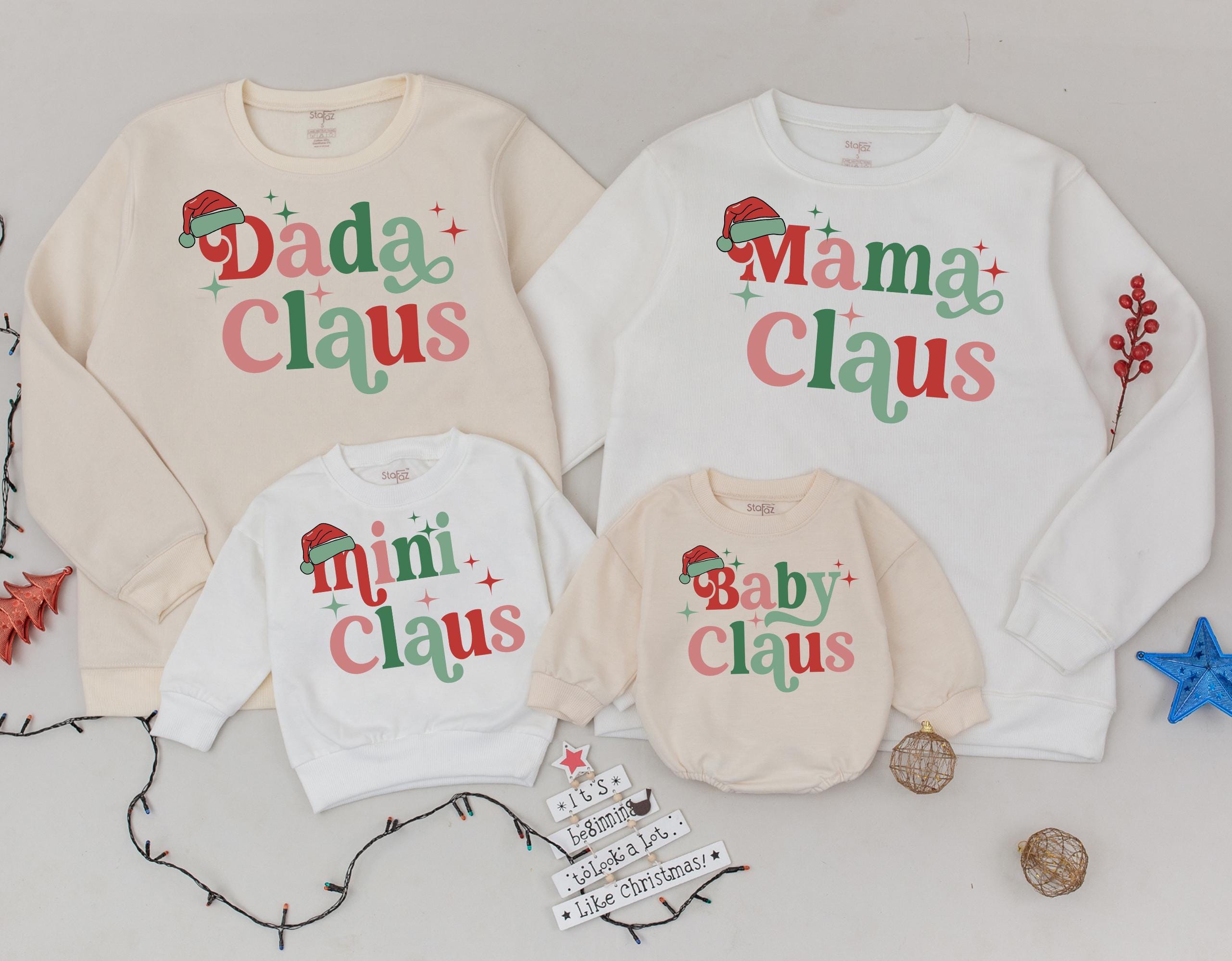 Personalized Retro Mama and Baby Claus Sweaters Family Matching Christmas Outfit Holiday Cotton Soft Gift Nostalgic Santa Hat Design