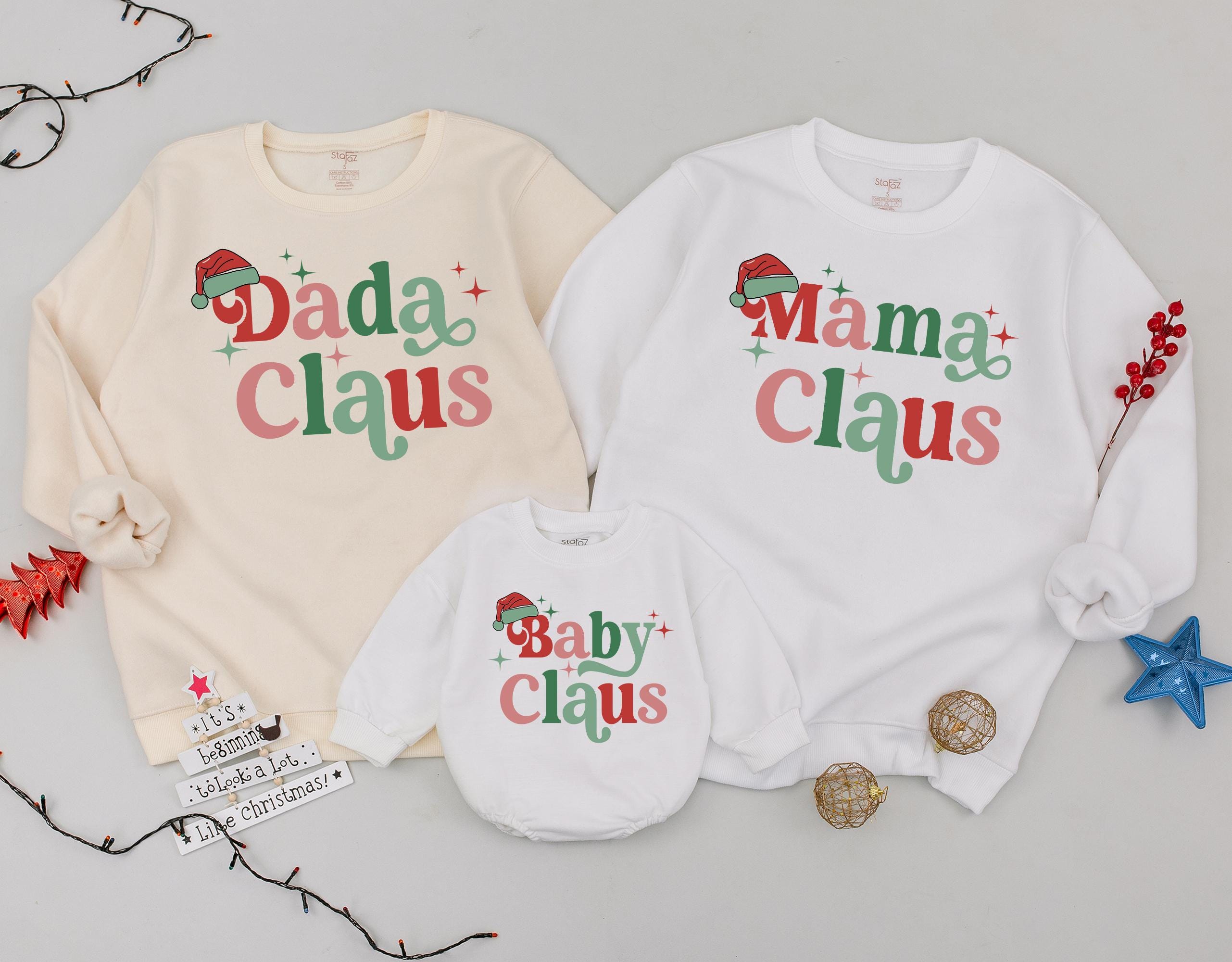 Personalized Retro Mama and Baby Claus Sweaters Family Matching Christmas Outfit Holiday Cotton Soft Gift Nostalgic Santa Hat Design