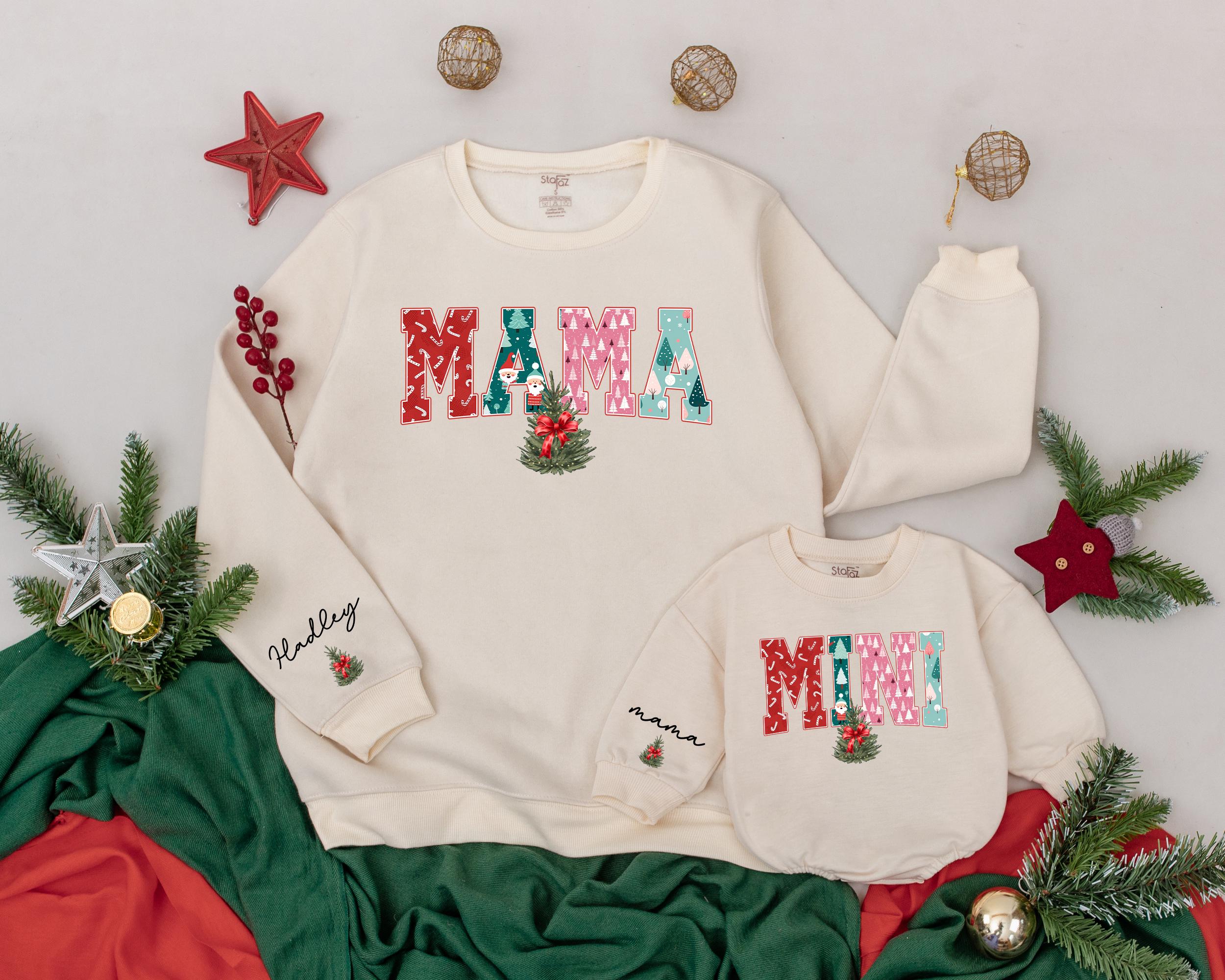 Personalized Retro Mama and Mini Christmas Sweatshirts Family Matching Holiday Outfit Custom Name Festive Colors Cotton Comfortable Gift