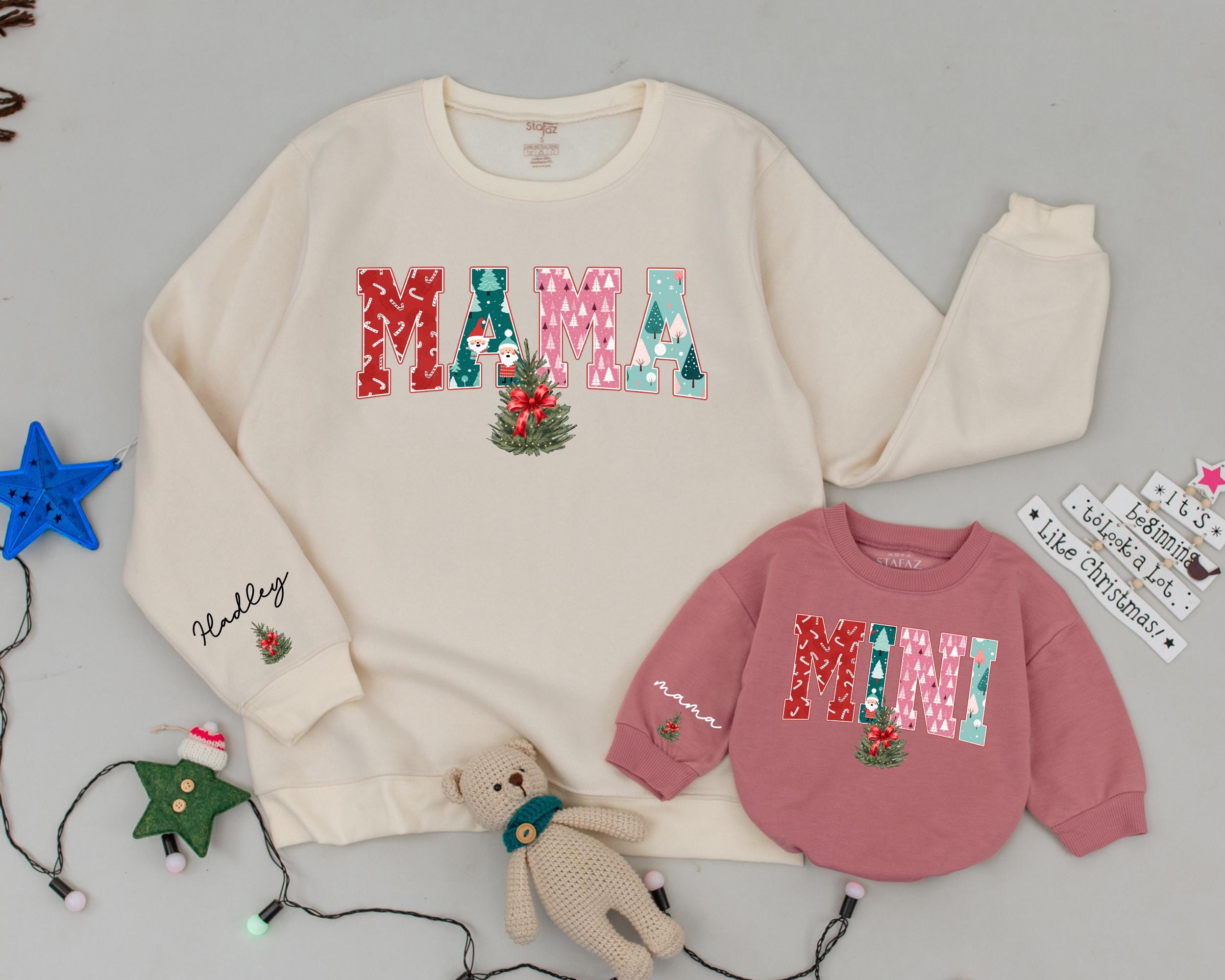 Personalized Retro Mama and Mini Christmas Sweatshirts Family Matching Holiday Outfit Custom Name Festive Colors Cotton Comfortable Gift
