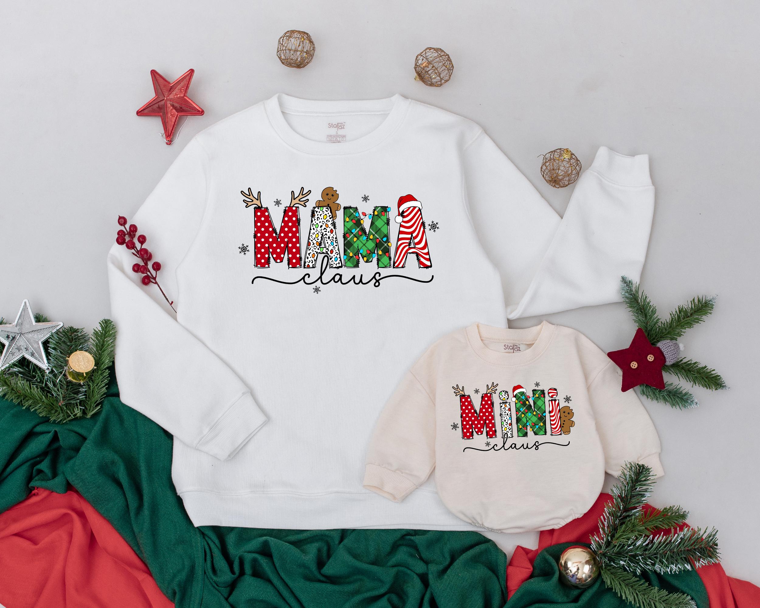 Personalized Retro Mama and Mini Claus Sweatshirts Matching Family Outfit Festive Christmas Design Cozy Gift for Holiday Celebrations